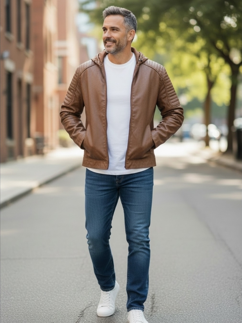 UK Brand SoulStar Men's Brown Faux Leather Hooded Moto Bike Jacket. Uk L=US M.